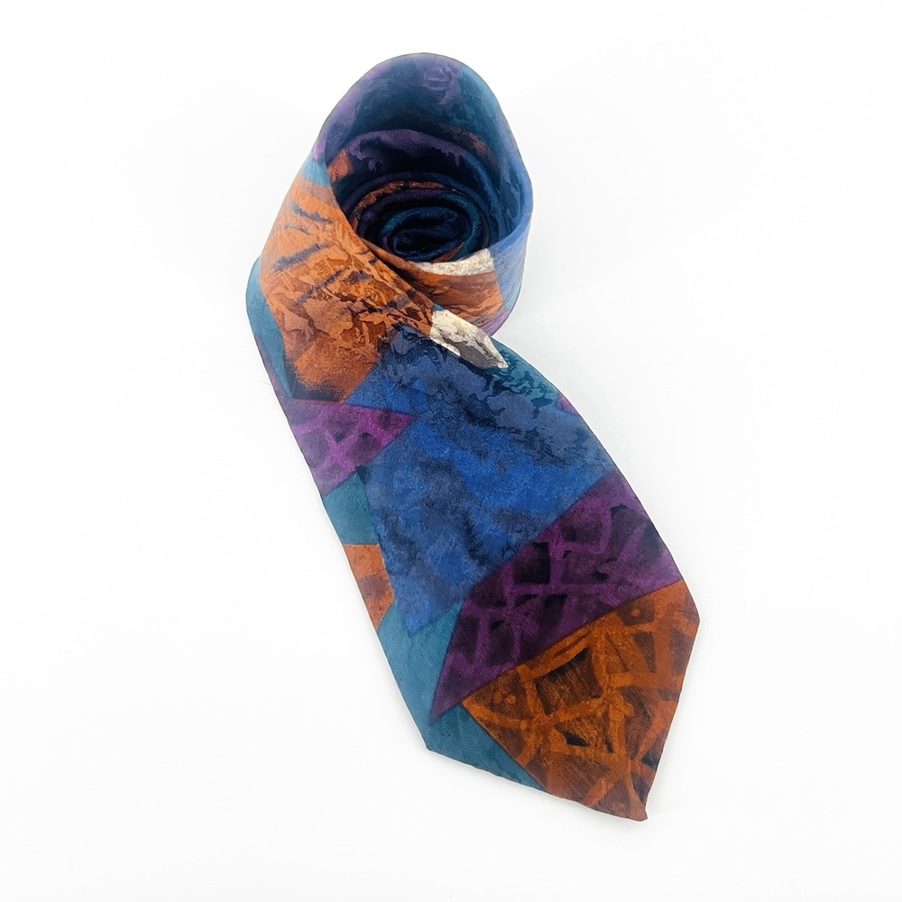 Vintage Oscar de la Renta Silk Tie USA Made Geometric Abstract Multicolor 90s